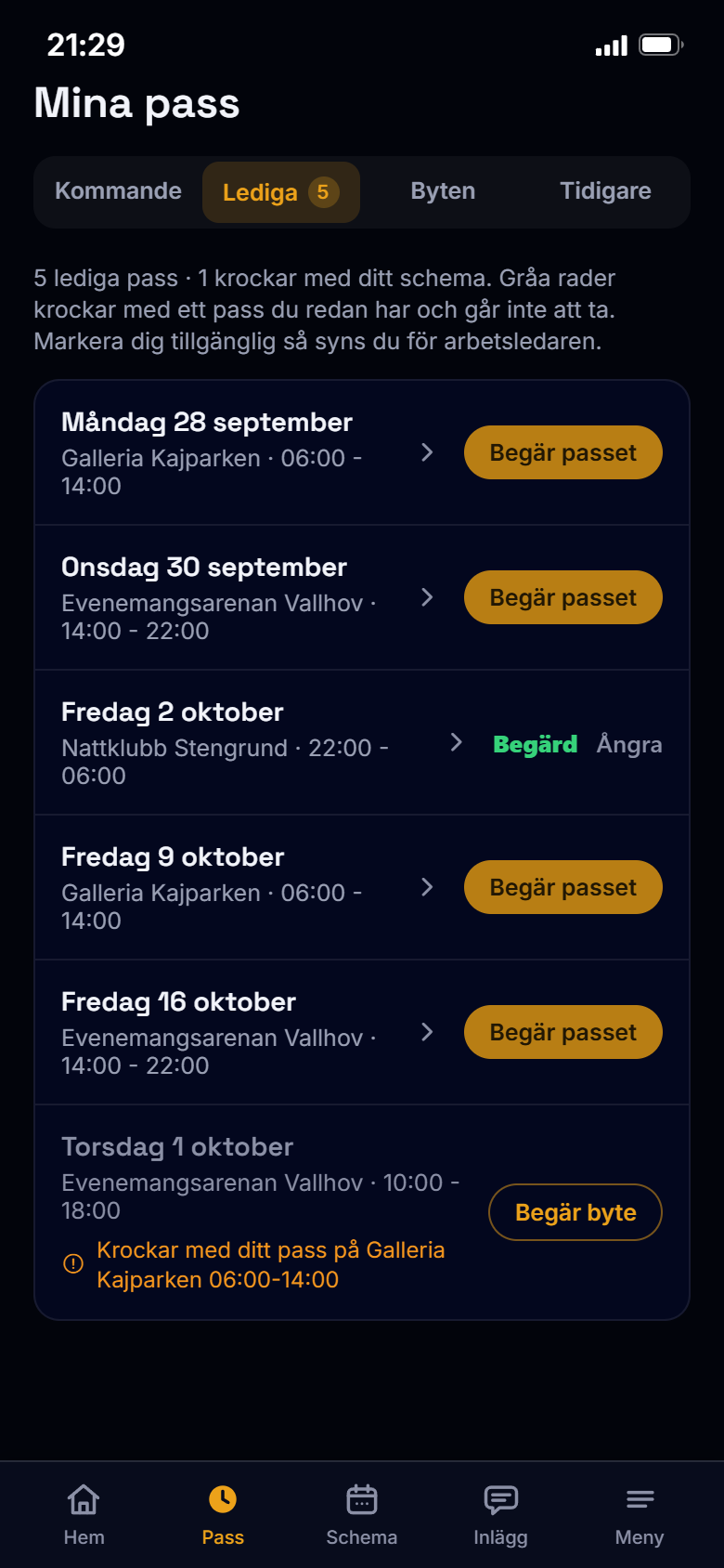 Vaktbas: lediga pass i personalens app, med knappen Begär passet och ett pass som redan är begärt